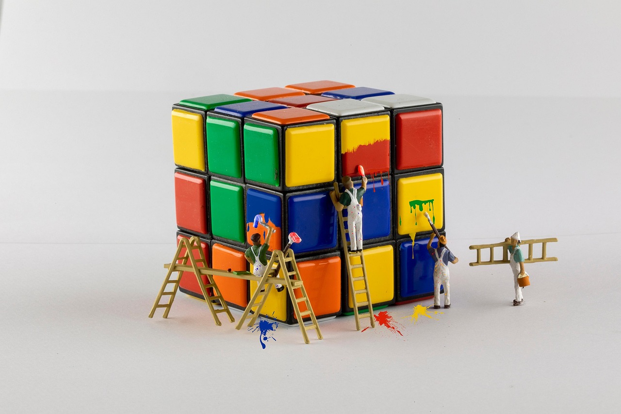 rubik's cube, painting, miniature, miniature people, small, tiny, ladders, painters, colors, characters, paint, colorful, rubik's cube, rubik's cube, rubik's cube, rubik's cube, rubik's cube